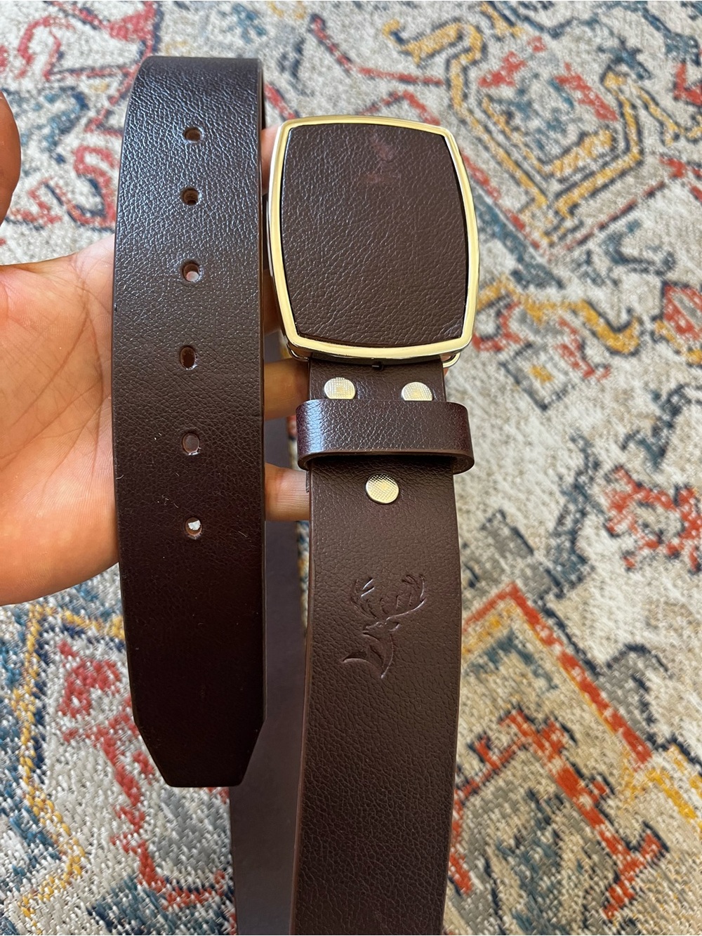 Men's Brown Leather Belt with Brass Buckle Western belt and Buckle